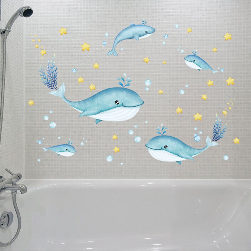 Diy tegneserie låve vegg klistremerke hjem rom dekorasjon blinkende stjerner kanin månehval baby soverom dekor avtakbar pvc tapet: Hvaler