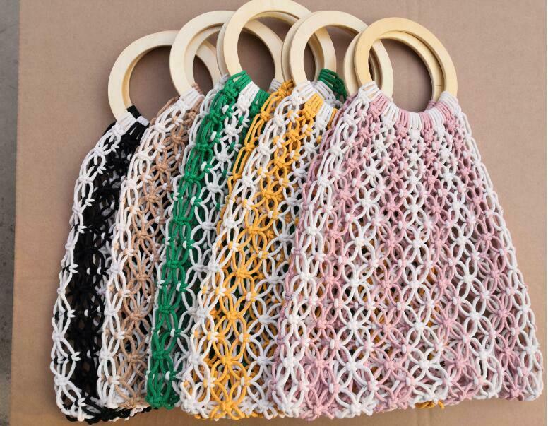 Women Vintage Beach Handbags Mesh Woven Hollow Rope Cotton Travel Bags Purse