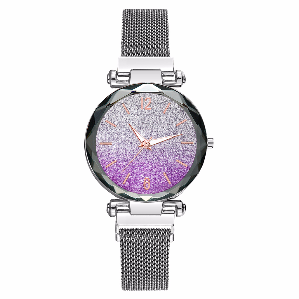 Kvinder magnet spænde gradient farve stjernehimmel ur luksus damer rustfrit stål mesh bælte kvarts ure ur: Sølv lilla
