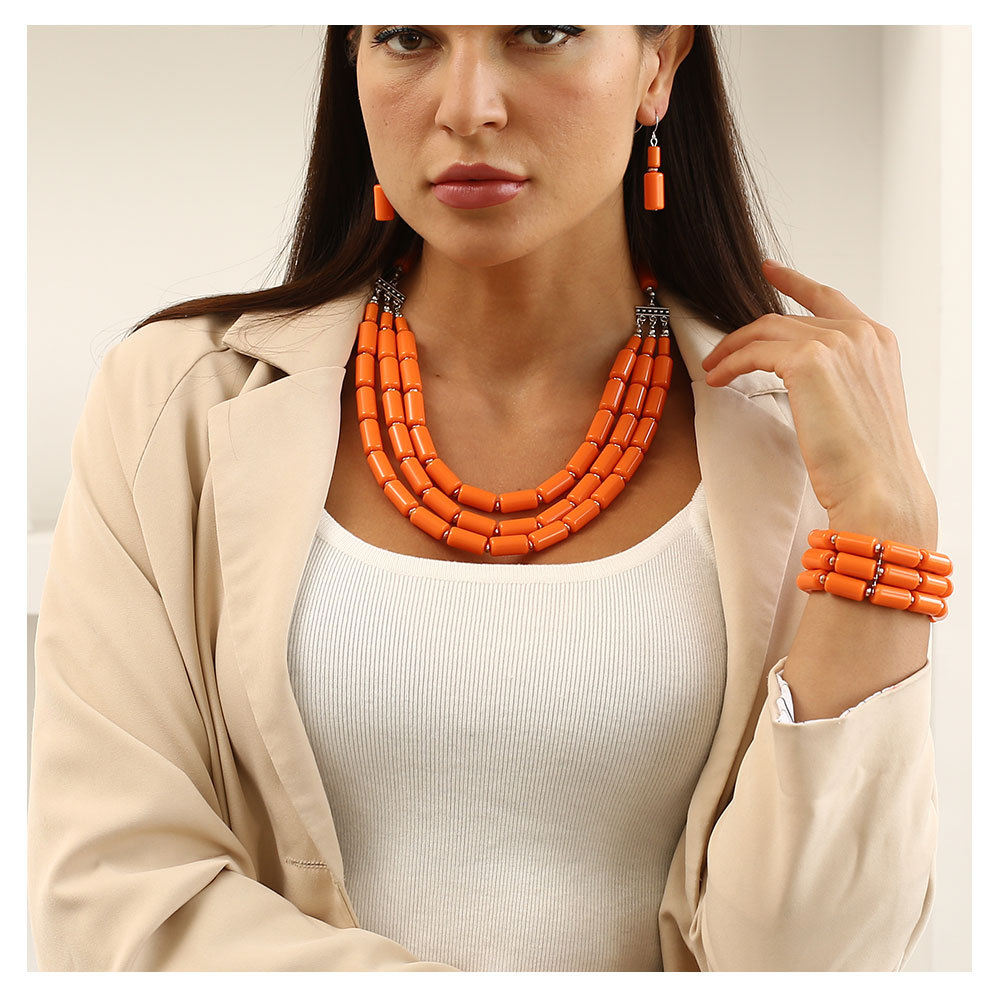 Een Set 3rows Orange Coral/Paars/Groen/Blauw Acryl Kralen Ketting/Armband/Oorbellen
