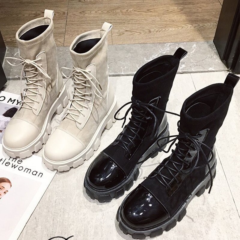 Vrouwen Sok Laarzen Pu Lederen Dames Platform Enkellaars Vrouwelijke Slip Op Flock Ronde Neus Schoenen Kantoor Voor Vrouw Botas mujer Mode