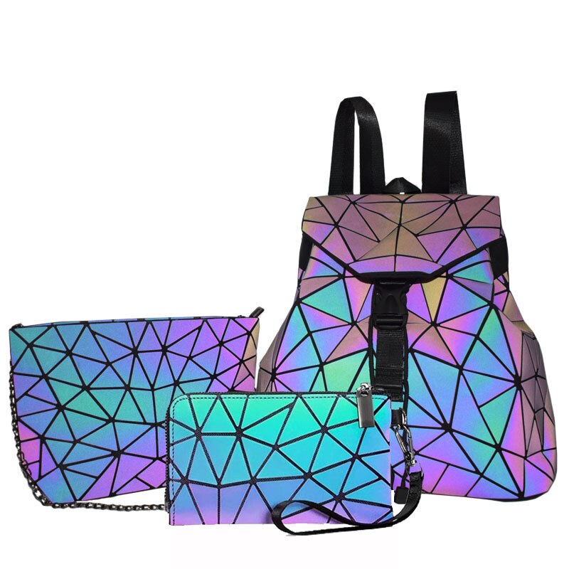 Ladies Luminous Set Backpack Geometric Shoulder Bag And Fold Clutch Bags Holographic School Girls Backpack