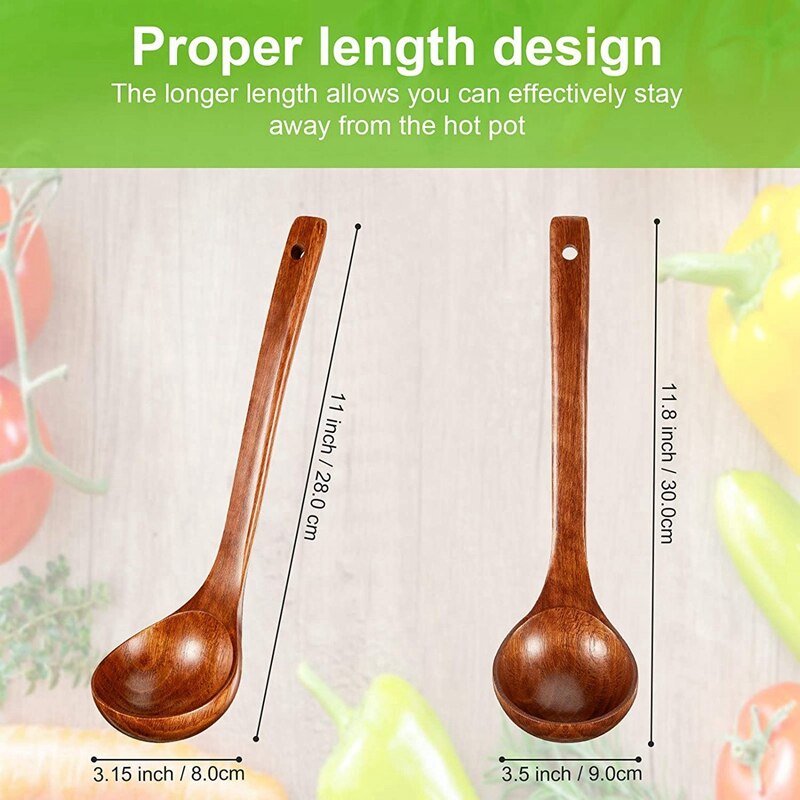 2Pcs Wooden Soup Ladle Long Handle Large Spoon With 2Pcs Wooden Ladle Soup Spoon Long Handle Ladle Cookware