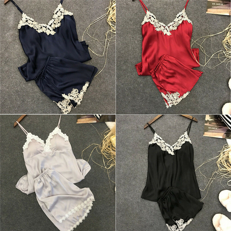 Ladies Sexy Silk Satin Pajama Set Lace Pajama Set Sleeveless Pajama Set V-neck Sleepwear Summer Home Wear Sleep Wear For Women