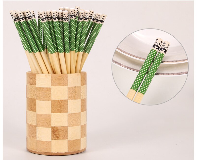 5 pièces/ensemble baguettes en bambou Panda Dot bois cuisine Restaurant cantine vaisselle réutilisable pour riz Sushi boeuf hacher bâtons cuisine: Green 5 Pairs