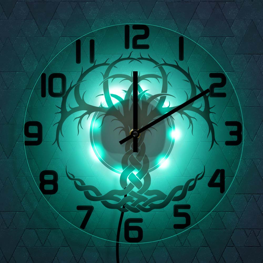 Celtic Tree Of Life Silent Wall Clock Modern Norse Yggdrasil Family Tree Minimalist Wall Clock For Living Room Boho: 7 Colors LED