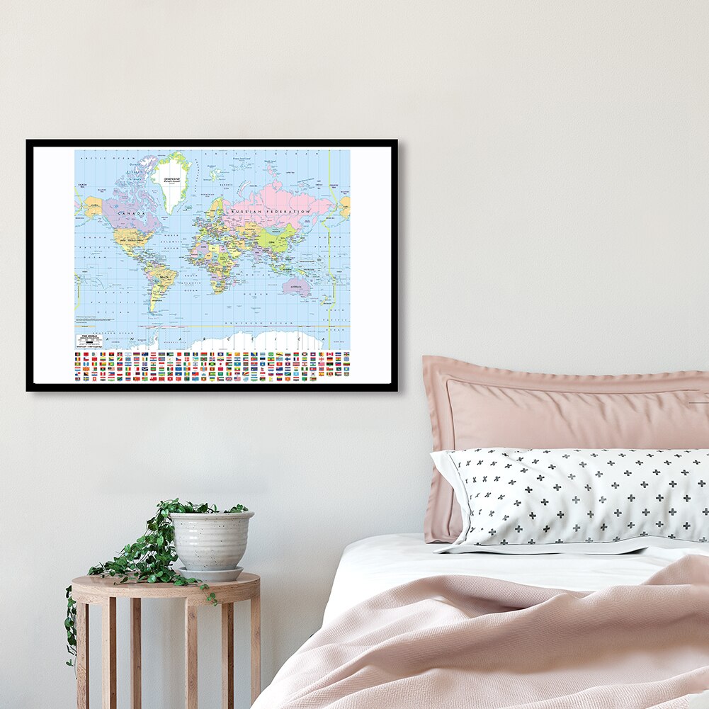 3*2 Feet Political Map of The World with National Flags Canvas Painting Wall Art Poster School Supplies Classroom Home Decor