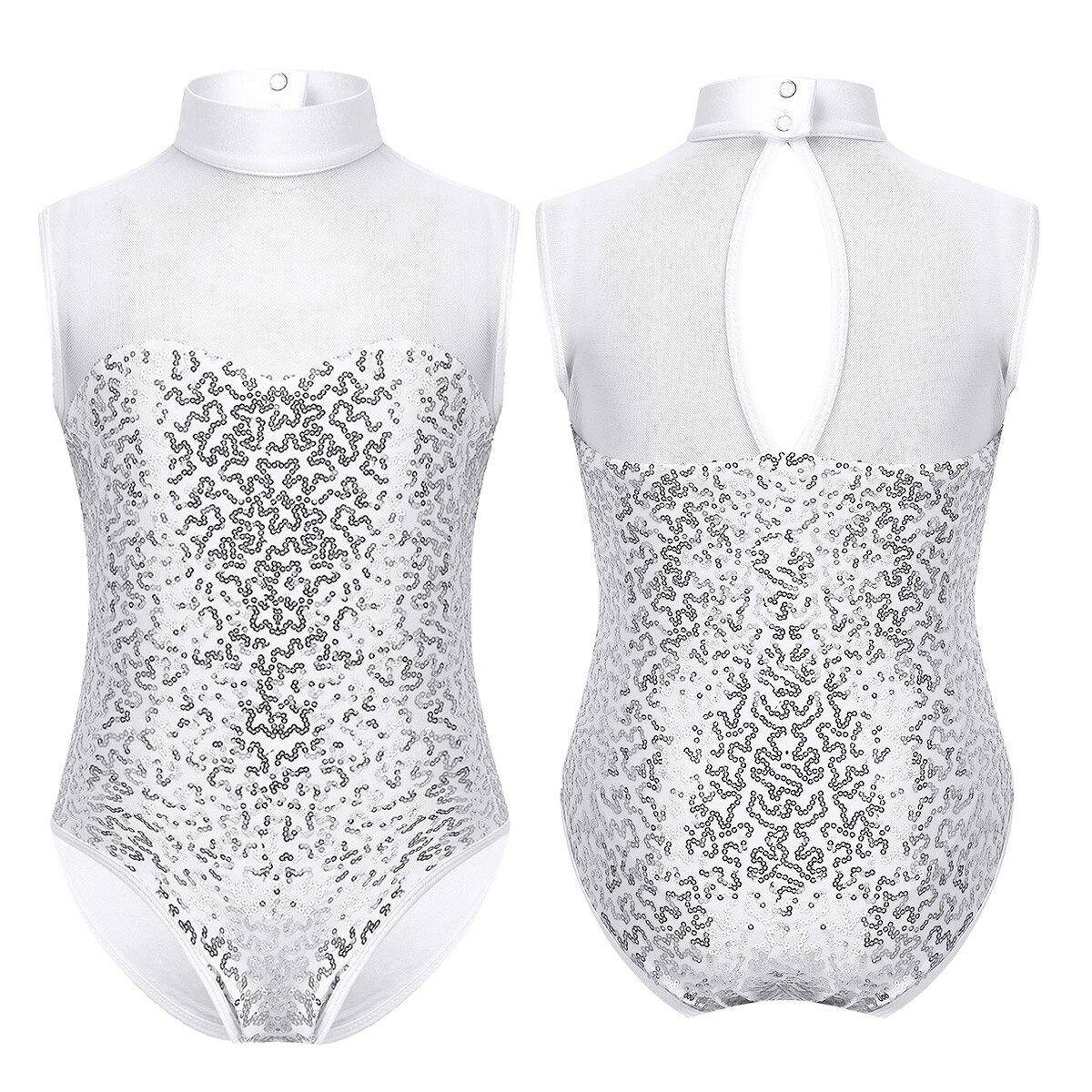 Kids Girls Gymnast Leotard Sequins Sleeveless Tulle Splice Keyhole Back Teens Ballet Gymnastics Leotard Dance Gymnastic Jumpsuit: White / 8