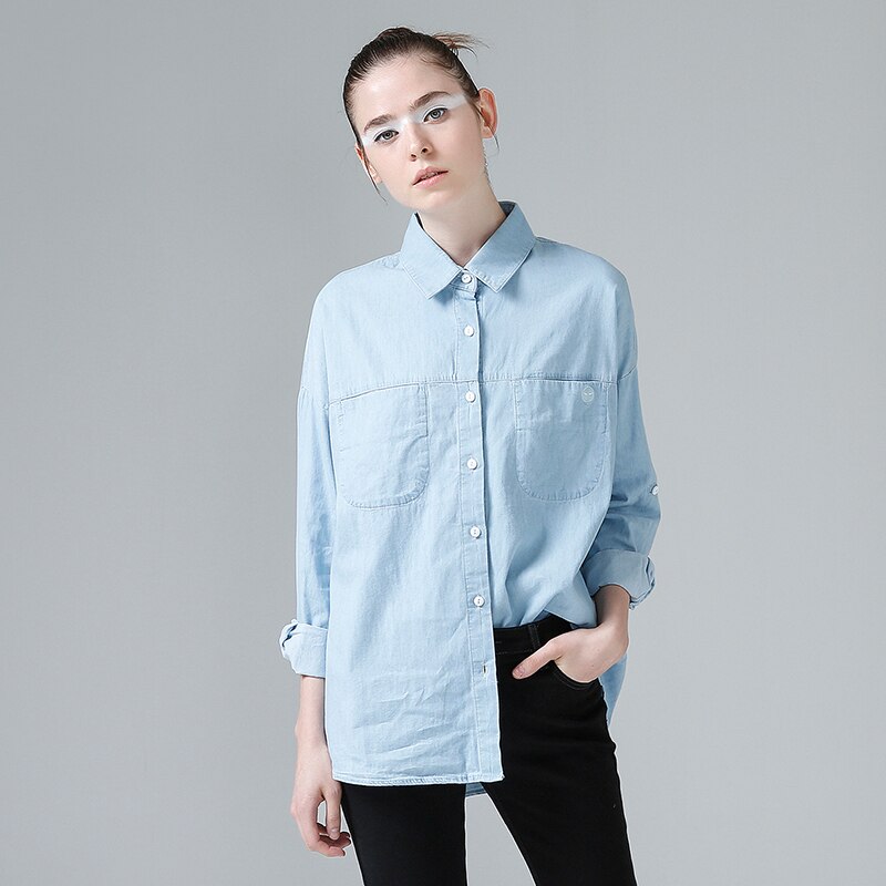 Toyouth Women Blouse Autumn Casual Jeans Blue Tops Long Sleeve Loose Cotton Shirts