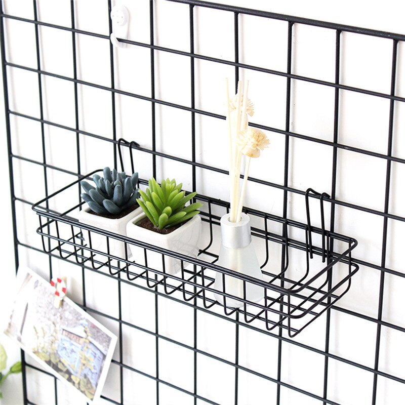 Hanging Basket, Display Wall Mount Grid Panel Display Shelf Basket Storage Rack Photo Holder for Home Office