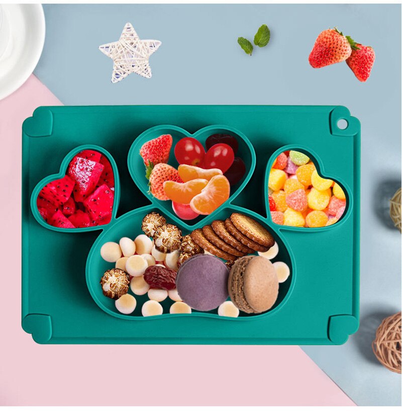 Prato de Silicone Alimentos Complementares de Formação do bebê Bacia de Alimentação Integrada infantil Ventosa Bandeja Talheres Anti-queda: Dark green plate B