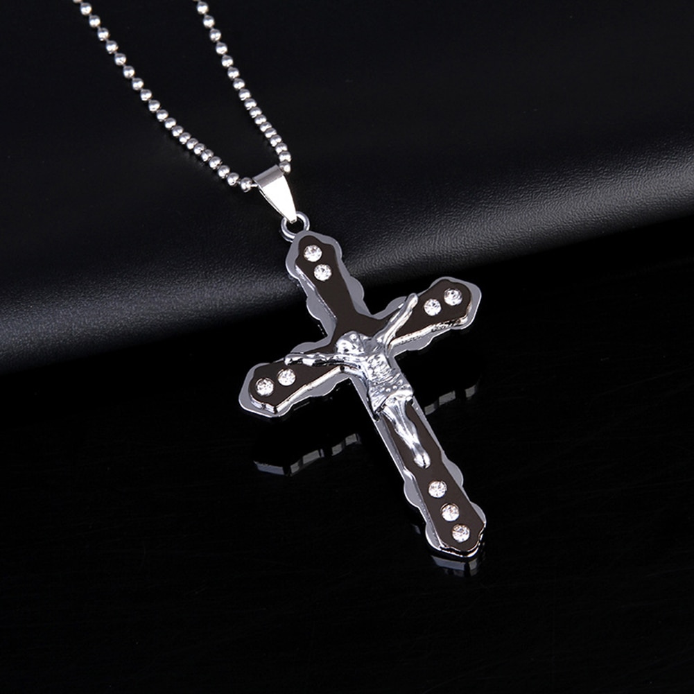 Legering guld färg kors hänge halsband jesus kors strass inlagt hänge halsband män religiös tro smycken