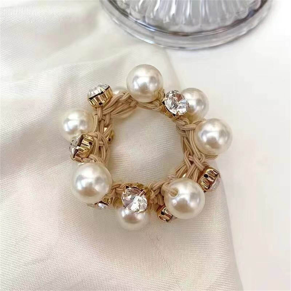 Anillo de pelo de perla para mujer, tocado de intestino de perla de terciopelo negro, diamantes de imitación brillantes para niña, accesorios para el cabello: Gris