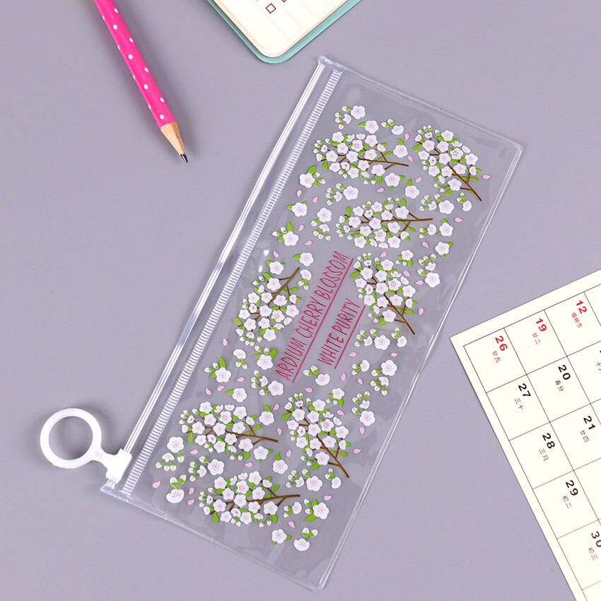 Kawaii Kleine Bloemen Dieren Etui Leuke Transparante PVC Potlood Tas Voor Meisjes Kids Kinderen School Leveranties Briefpapier: White flowers