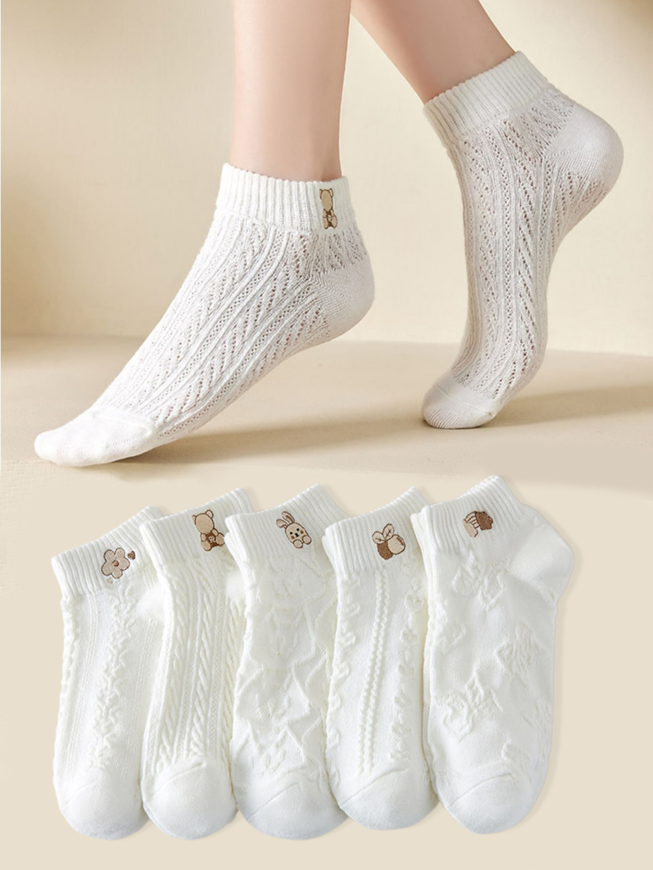 5 pares de calcetines al tobillo de oso de peluche, cómodos y bonitos calcetines cortos para mujer