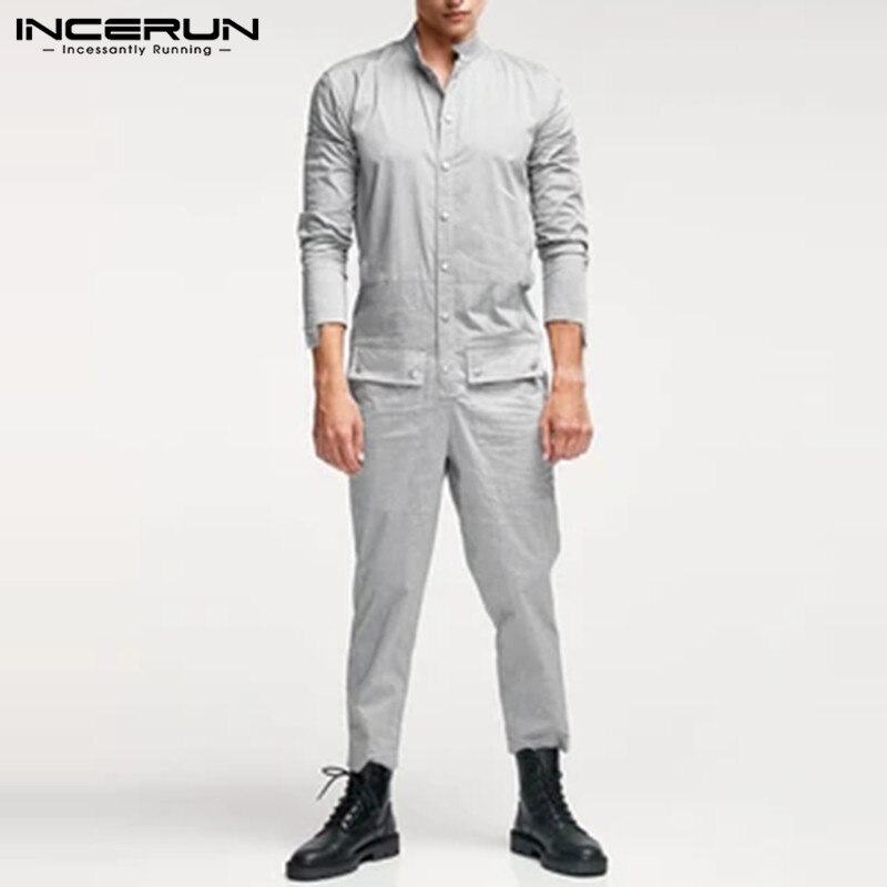 Incerun herre jumpsuits stander krave langærmede cargo smækbukser casual knap streetwear romper herre seler plus str. 7