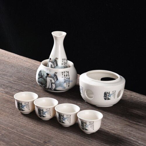 Ceramic 6 Cup Wine Pot Set Vintage Ceramic Sake Warmer Jug Glasses Household Spirits Rice Wine Vodka Copas De Vino Box: 4 PCS Wine Set B