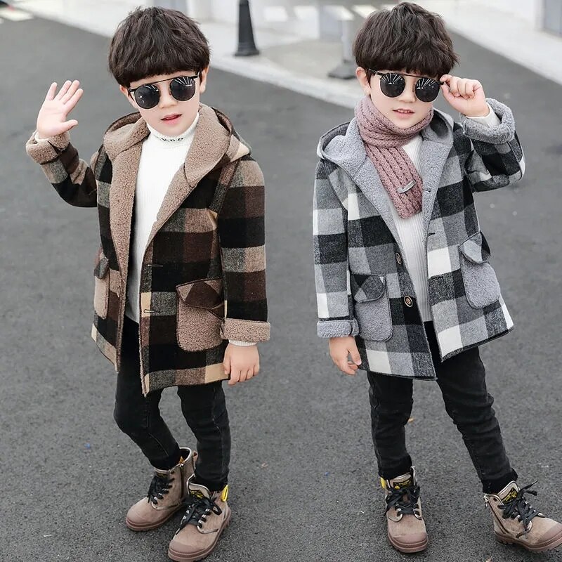 Lente & Herfst Jas Voor Jongen Wollen Koreaanse Versie Mode Jas Casual Hooded Rooster Mid-Lengte Kinderen kleding