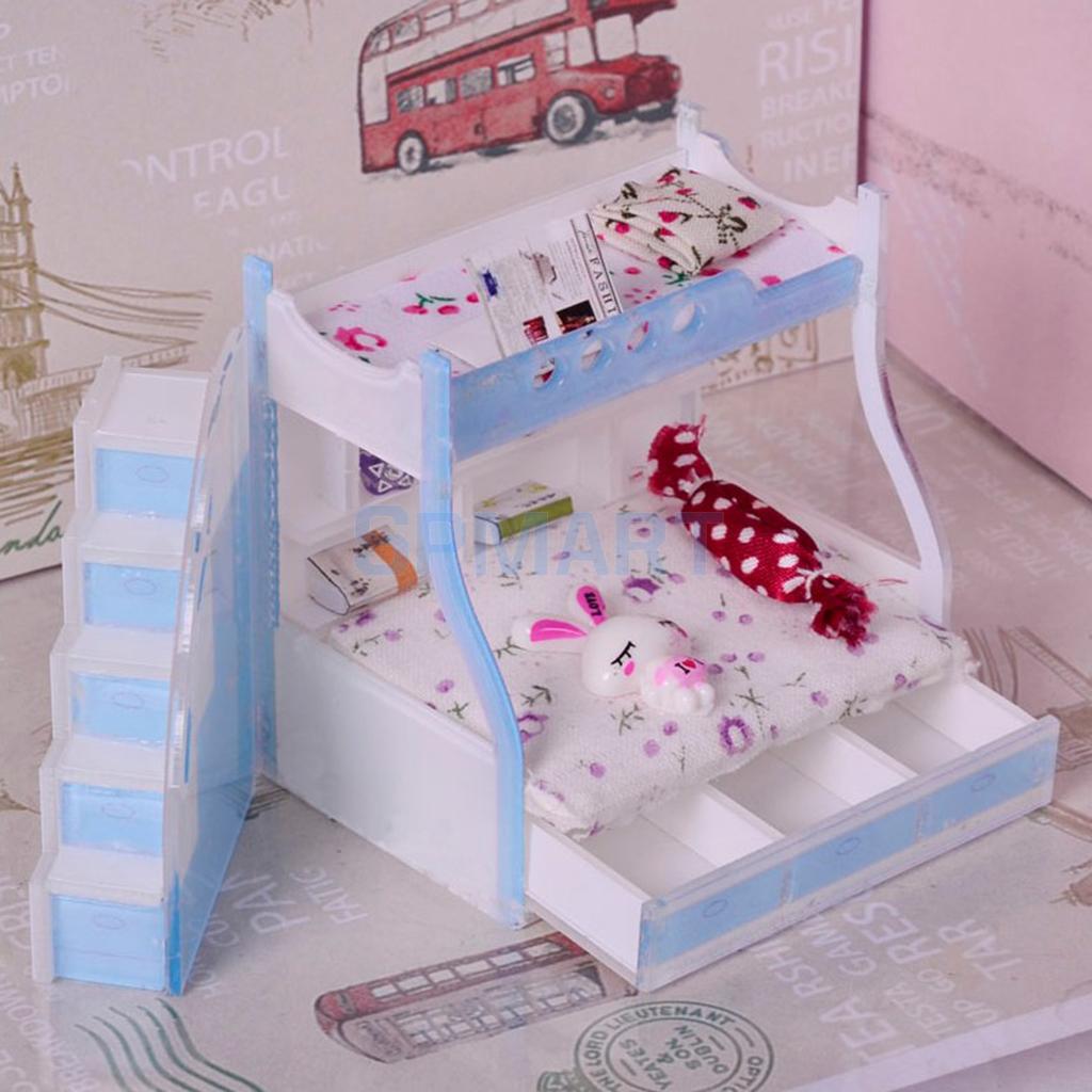 1/12 Miniatura casa delle bambole per Bambini telecamera Da Letto Mobili Letto A Castello Letto a castello con Accessori Cielo Blu di colore