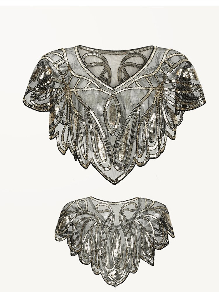 Kort sjal med 1920s klaffer paljett beaded cape beaded dekorasjon gatsby party mesh kort dekkkjole vintage tilbehør: Svart gull
