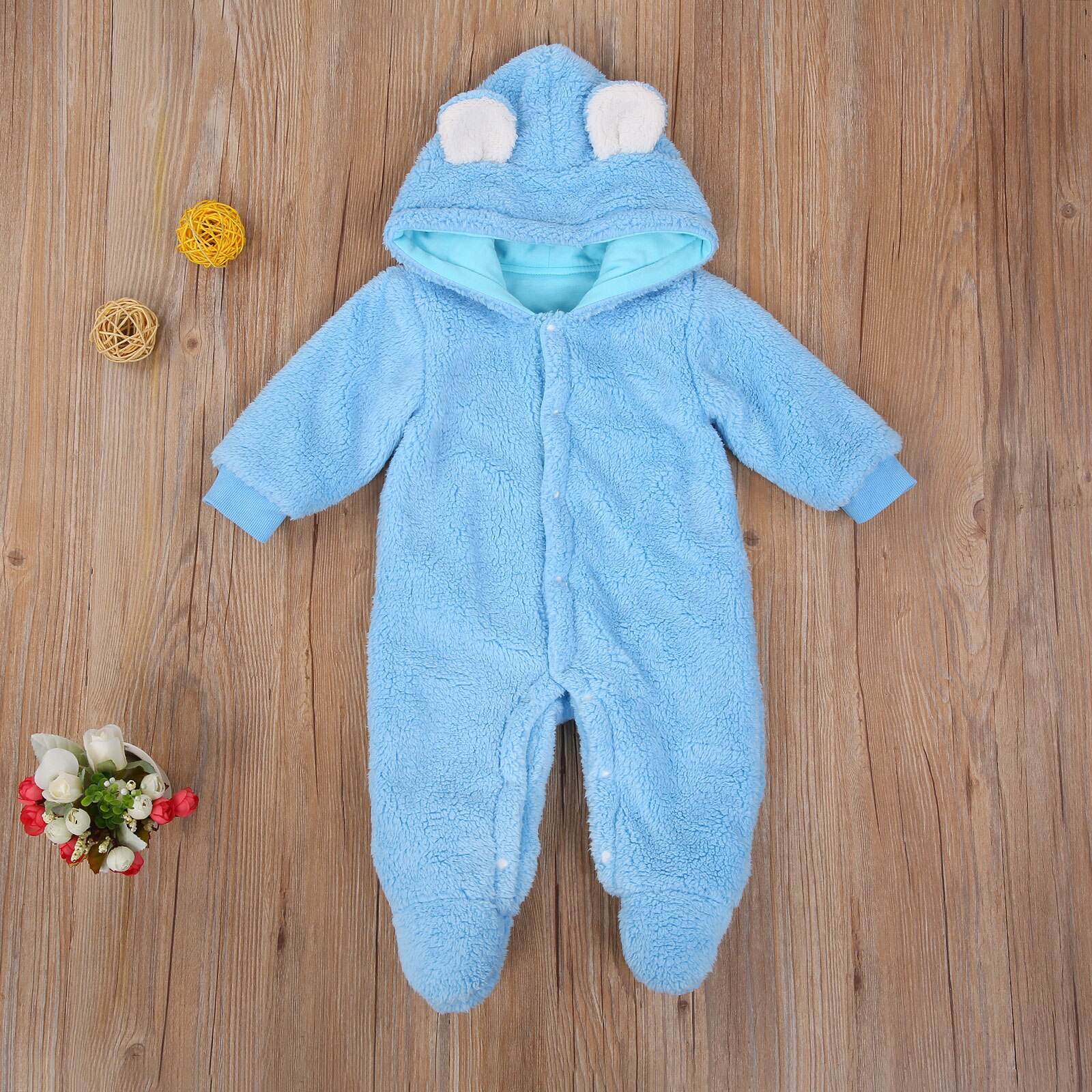 Baby Jongen Meisje Winter Romper Lange Mouw Herfst Verse Pluche Effen Kleur 3D Oren Hooded Een Stuk Lange Broek