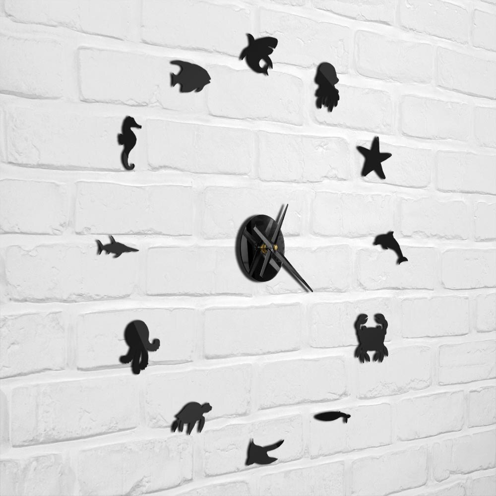 Reloj de pared de animales acuáticos para decoración de habitación de niños, pegatinas de espejo acrílico 3D DIY, mecanismo de cuarzo, vida marina, dormitorio