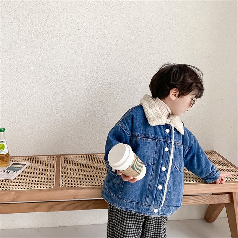 Winter Toddler Kids Warm Thick Denim Jackets Korean style Boys Girls Thick Fur Coats Coats