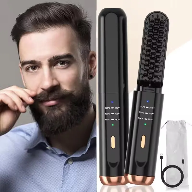 Kabelloser tragbarer Bartglätter, USB wiederaufladbar, negative Ionen, Mini-Akku-Haarglätter, Bürste für Reisen