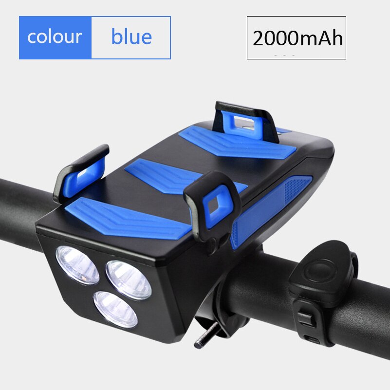 Multi-funktion USB Aufladbare Fahrrad Licht Kopf Lampe Telefon Halfter mit Fahrrad Horn Glocke 4in1 4000mAh MTB Radfahren Vorderseite Licht: 2000MAH Blau