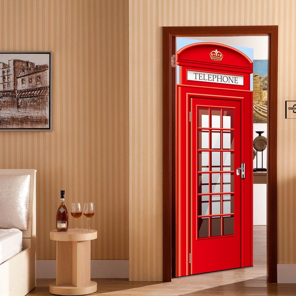 Diy 3d- dørs klistermærker røde telefonboksmønster til børneværelse dekoration tilbehør boligindretning store wallstickers
