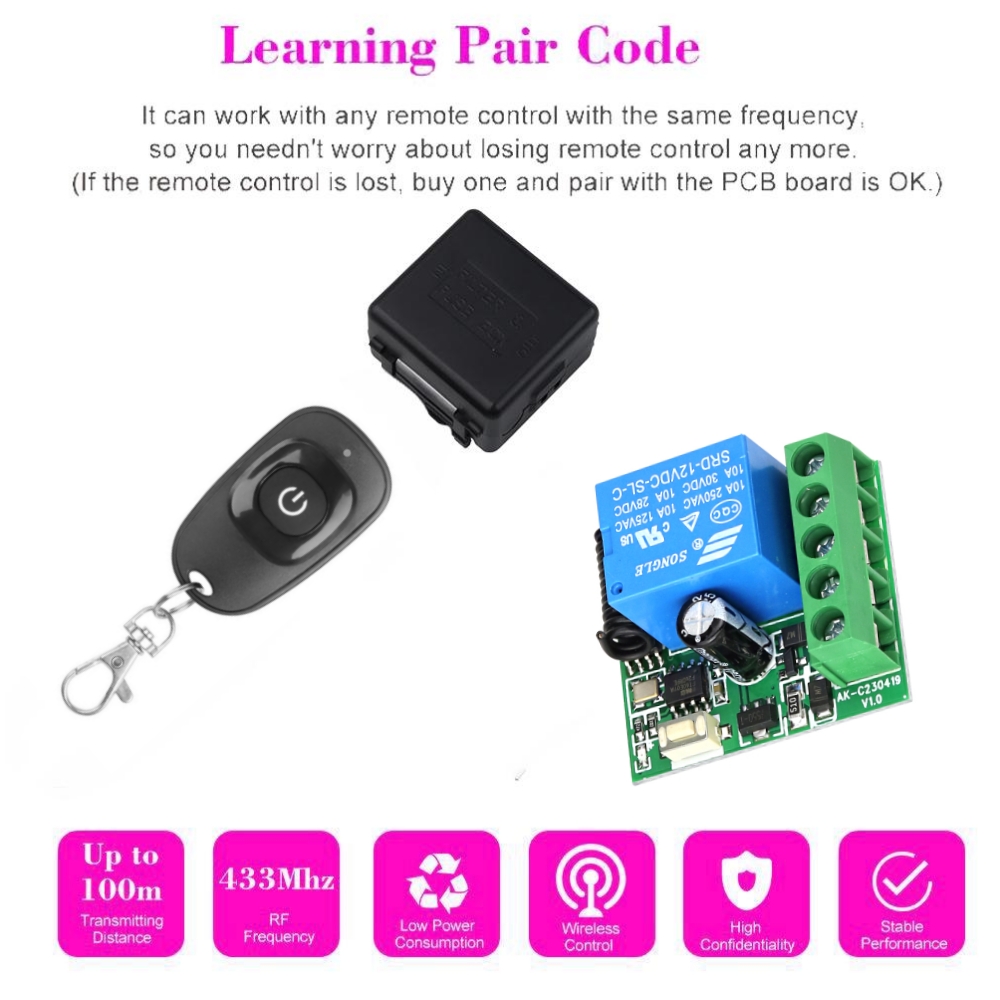 433MHz DC 12V 1CH Relay Module Receiver EV1527 Wireless Remote Control Switch for Garage Gate Motor Light Lamp DIY