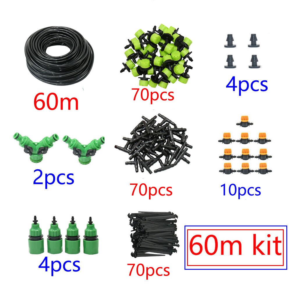 Sistema de riego por microgoteo automático para jardín, kit de autoriego por aspersión de 8 agujeros con gotero verde ajustable, 5-60M, 1/4 pulgadas: 60m