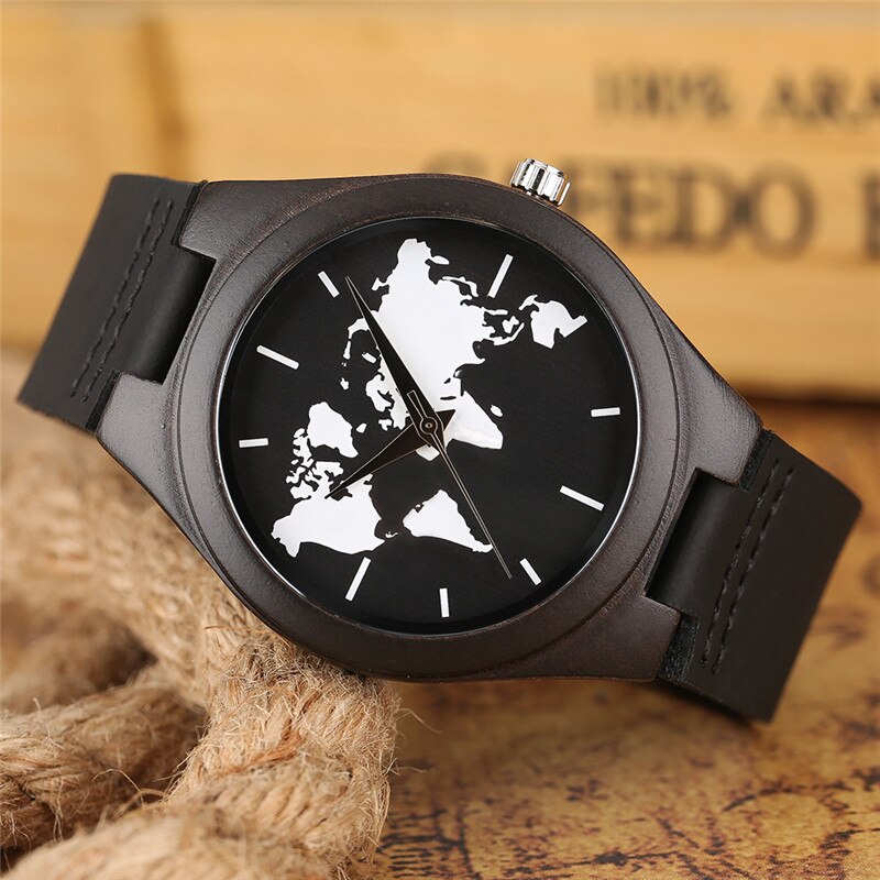 Herenhorloges van hout, zwarte wijzerplaat met wereldkaart, zwart leer, analoog quartz-horloge met sandelhout, houten horloges