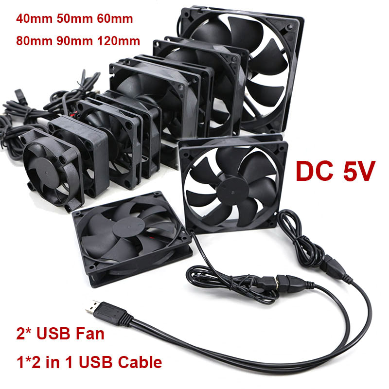 Dual 40mm 50mm 60mm 80mm 90mm 120mm DC 5V Powered USB Fans with 2 in 1 USB Cable for AV Receiver DVR Cooling E