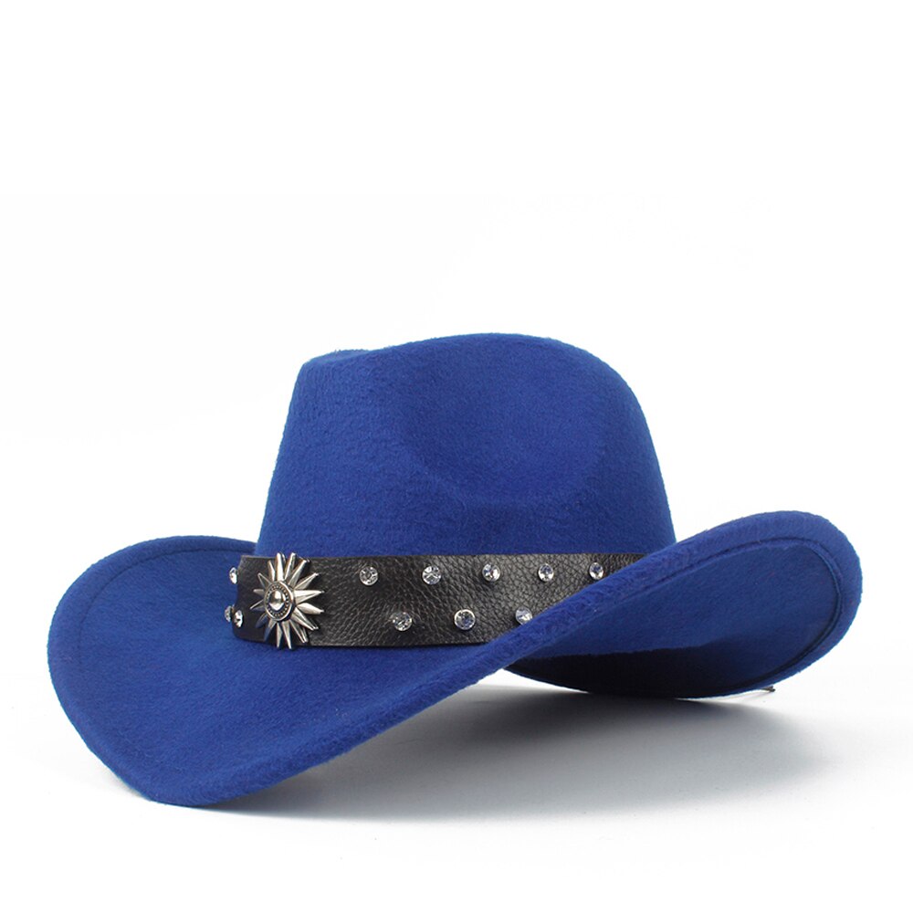 Retro Child Kids Wool Hollow Western Cowboy Hat Roll-up Brim boy girl Outblack Sombrero Hombre Felt Cap Size 52-54: Blue