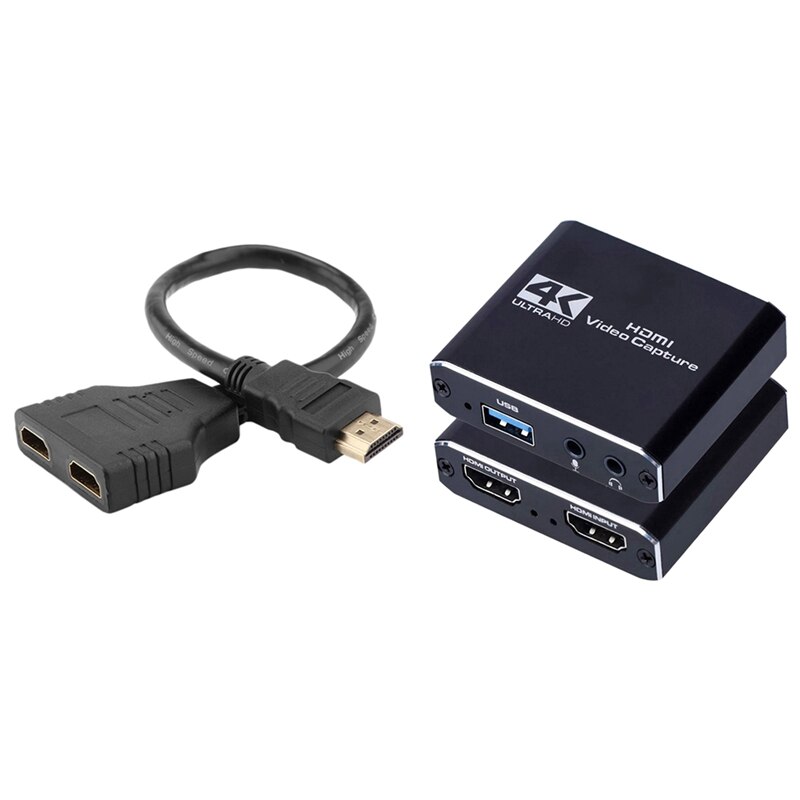 HDMI Splitter One in Two HDMI Male to Double Female Adapter Cable with HDMI HD Video Capture Card USB Capture Card: Default Title