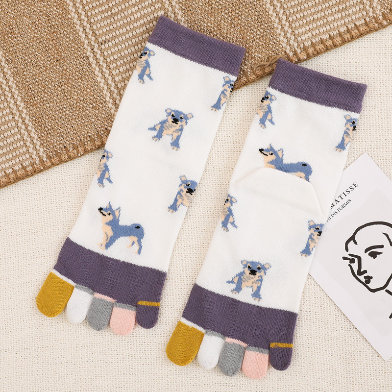 Dam tecknade hundstrumpor dam 100 bomull femfingerstrumpor mitten av tuben fem tåstrumpor separata tår färgglada strumpor flickstrumpor: Beige