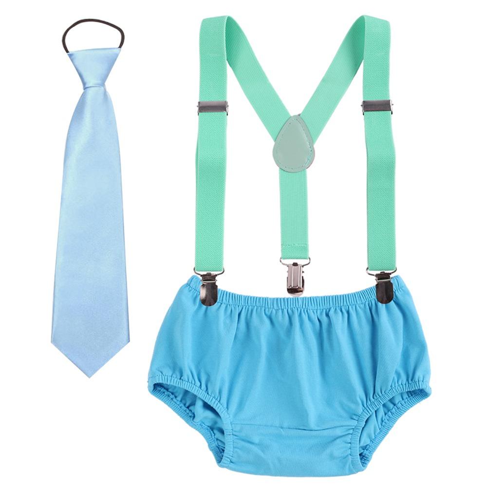 Vêtements pour bébé garçon et fille, tenue de fête d'anniversaire, short à bretelles et cravate, mignon, 3 pièces, pour séance Photo: Sky Blue E