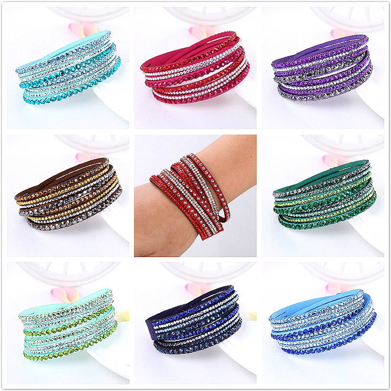 Stijl Lederen Armband Strass Kristal Armband Multilayer Hologram Armbanden Voor Vrouwen Sieraden