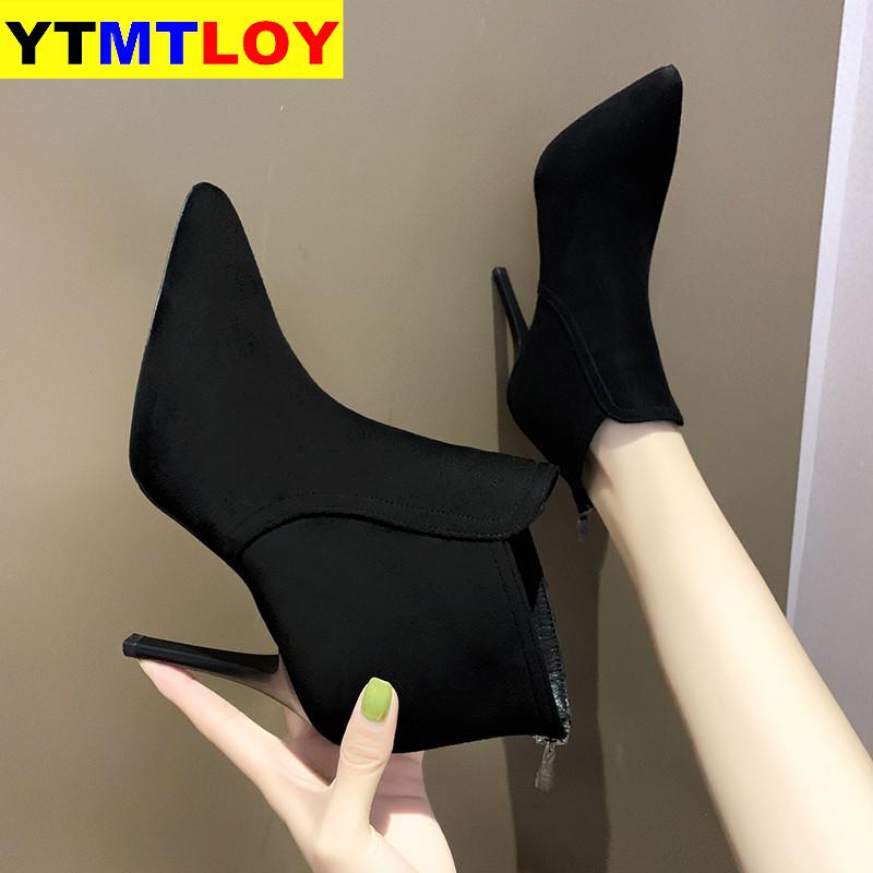 Botas de tacón alto para mujer, zapatos de gamuza, puntiagudos, cremallera lateral, color sólido, para invierno