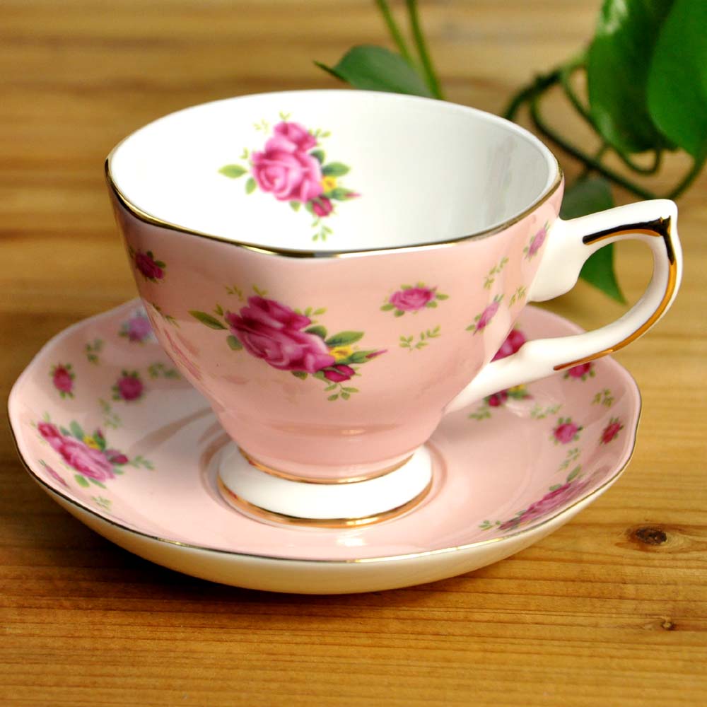 Elegante bone china porselein, 1 cup + 1 schotel, afternoon tea set, voor koffie en Puer/zwart/fruit/bloem thee, roze roos