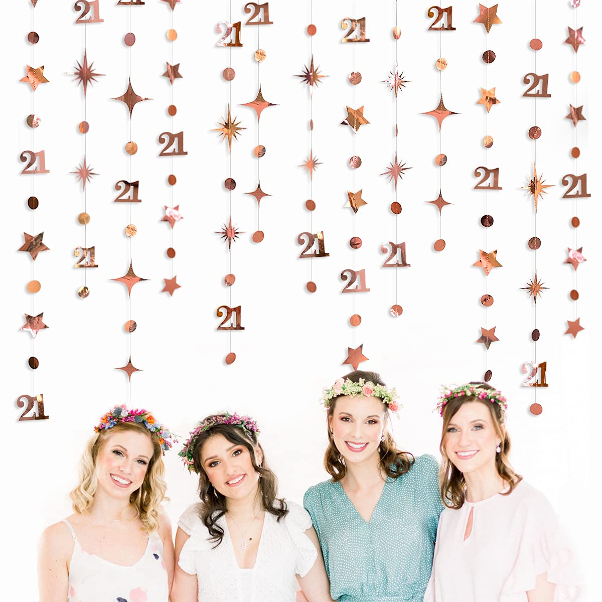 Rose Gold Number 21 Anniversary Party Supplies Circle Dot Twinkle Star Garlands Hanging Decoration for Girls 21st Birthday Party: Default Title