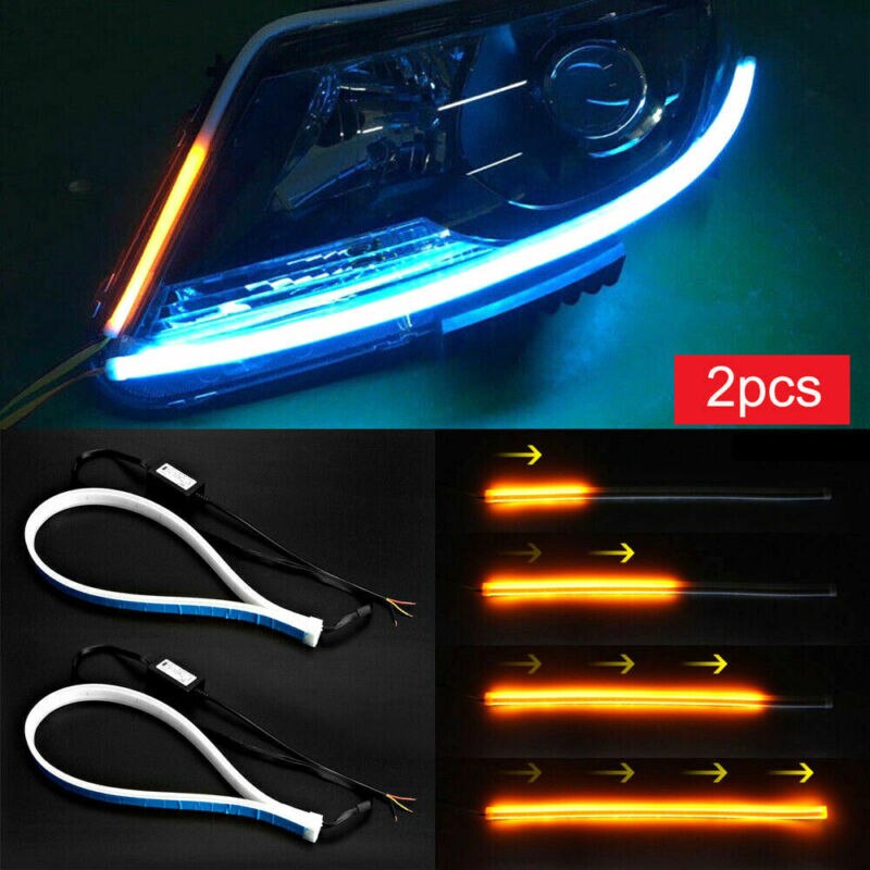 2pcs Auto Lamps LED Car Headlight Strip Light DRL Car Exterior Decoration Light Slim Flexible Turn Signal Lights 11.81inch
