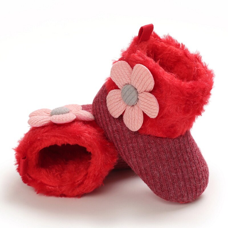 Winter Cute Baby Boy Girl Flower Cotton Knitting Boots Casual Shoes First Walker Non-slip Soft Sole Shoe 0-18M