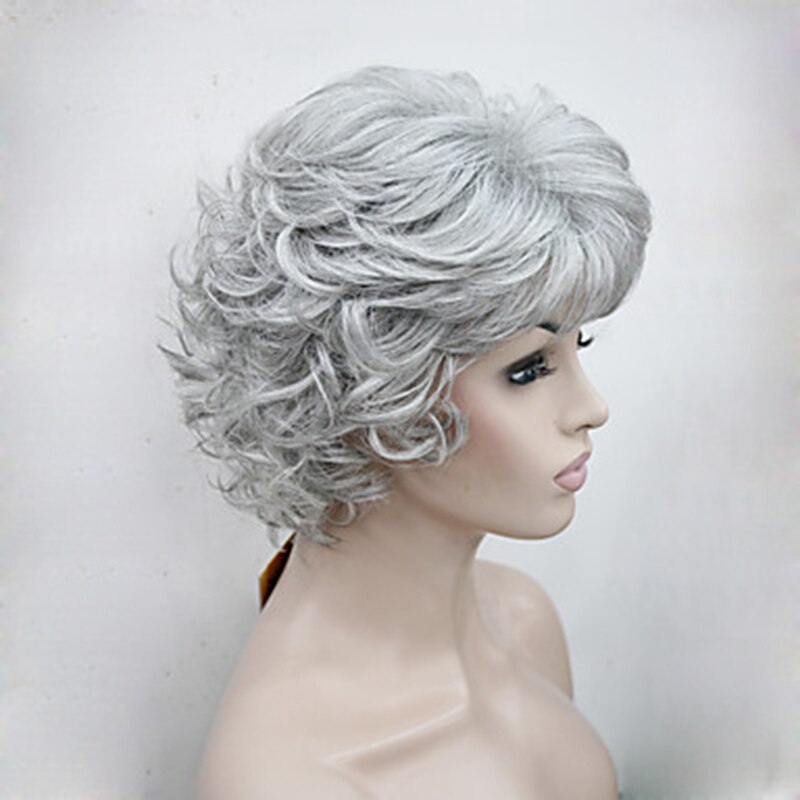 HAIRJOY-Peluca de cabello sintético para mujer, Pelo Rizado corto, color plata, blanco, gris, degradado, fibra resistente al calor