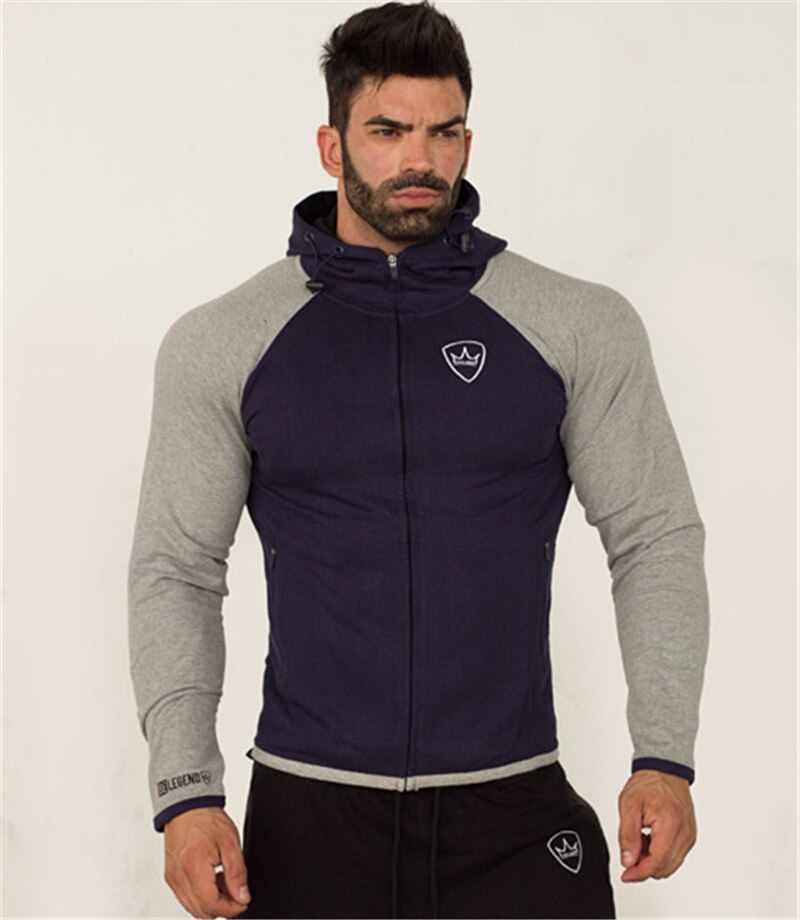 Männer Zipper Trainingsanzug Fitness Mantel Laufende Pullover Gym Training Outdoor Hoodie Weiche Pullover Spleißen Anzug Sportswear: XXL / Blue and grey