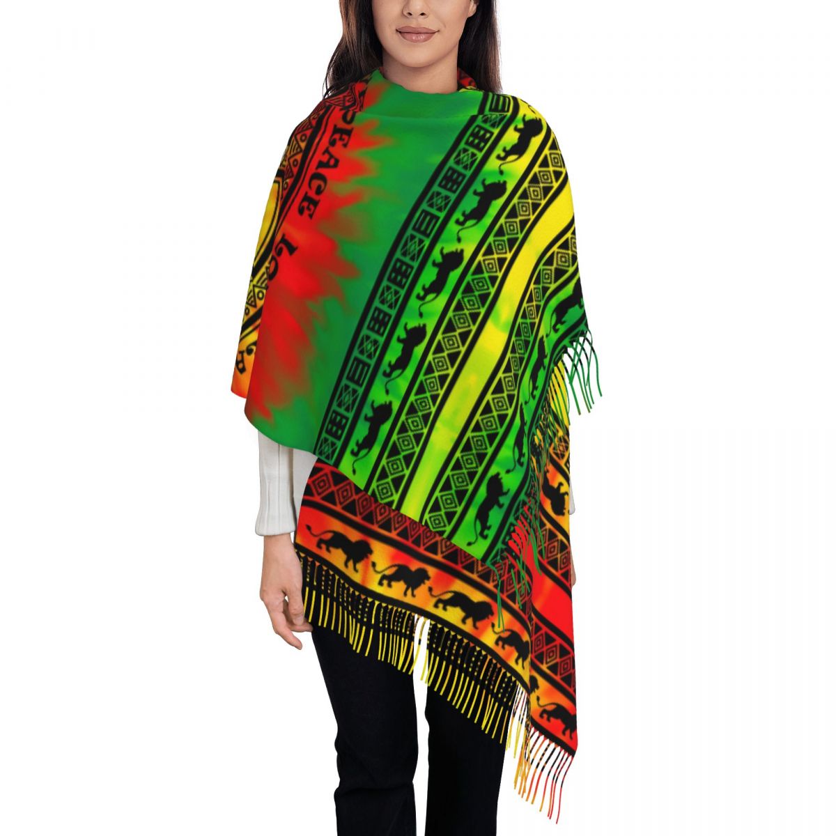 Bufandas personalizadas con bandera de Jamaica y León Rasta grande para mujer, chal suave y cálido con borlas para invierno y otoño, bufanda Reggae jamaicana: royal blue