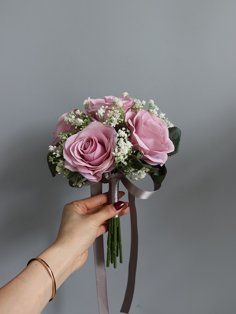 Janevini kunstbloemenmeisjesboeket wit roze blauw roos zijden bruidsmeisjes bruidshandbloemen rood klein bruidsboeket: Stoffig roze