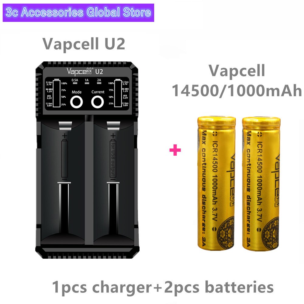 2pcs Vapcell 14500 battery 1000mah 3A mini lithium battery ICR14500 14500p For flashlights small power tools: 1 U2 2 battery