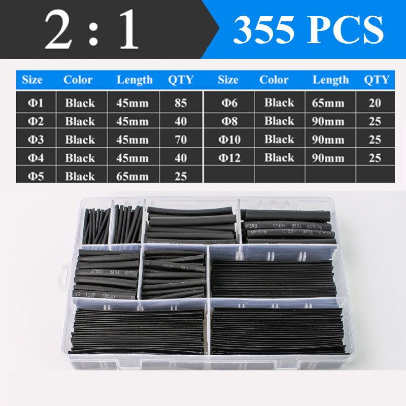 2：1 Shrinking Tubing Assorted Wire Cable Insulation Sleeving,Thermoresistant Tube Heat Shrink Wrapping Kit: 355pcs black Boxed
